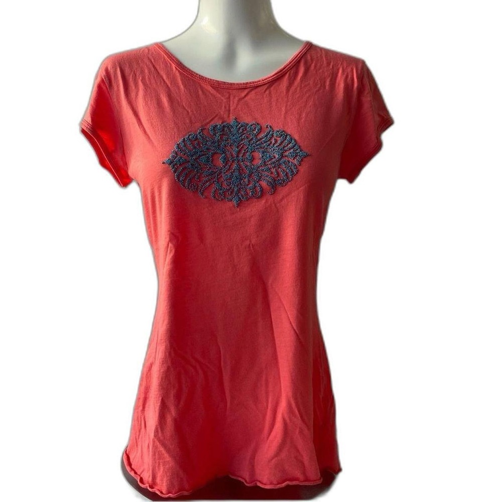 Velvet Graham Spencer Vintage Y2K Coral Pink Beaded Medallion Tee Shirt M